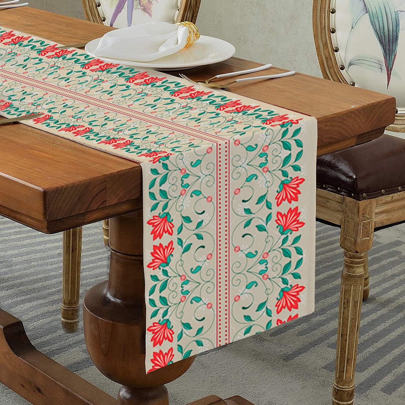 homewards Digitally Printed Beige Floral Leaves Table Runner Size 13X72 inches