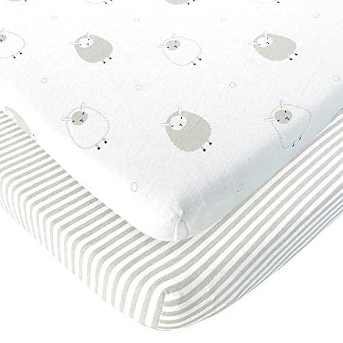 Cuddly Cubs Pack n Play Sheets | 2 Pack Playard Sheet for Baby Girl and Boy | Pure Jersey Cotton Unisex Mini Portable Crib Sheets | Sheep and Stripe in Grey | Compatible with Graco Pack and Play