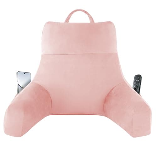 IPYNBAP Back Pillow for Bed Sitting up, Reading Pillow for Sitting in Bed Adult, Back Support Pillow, Memory Foam Sit up Lounge Backrest Pillow with Arms for TV, Couch, Chair, Dorm, 18 Inch, Pink