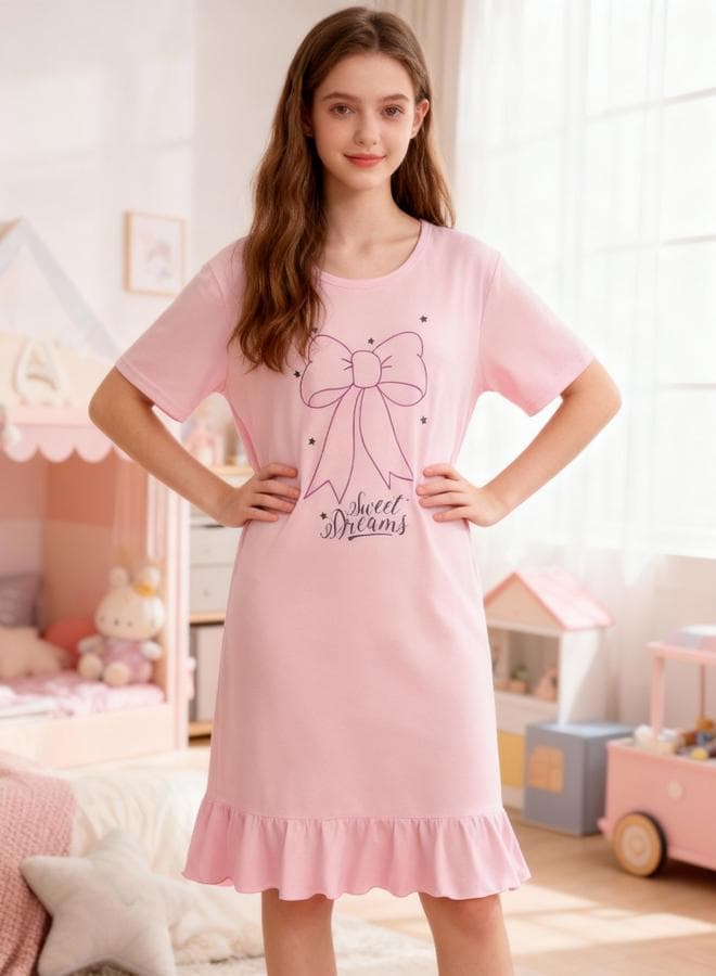 Girls Bow Print Short Sleeve Nightdress