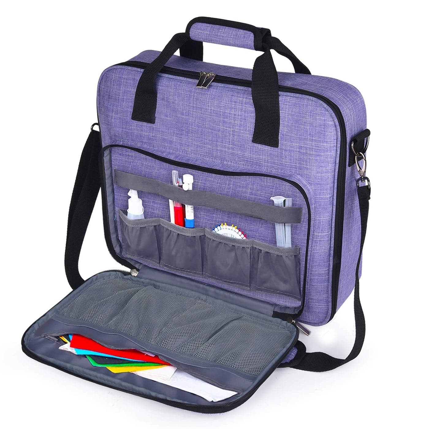 BAGLHER Cross Stitch Embroidery Organizer Bag Large Portable Project Storage with 3 Compartments Travel Friendly Carrying Case for 112 Hoops Threads Supplies Purple