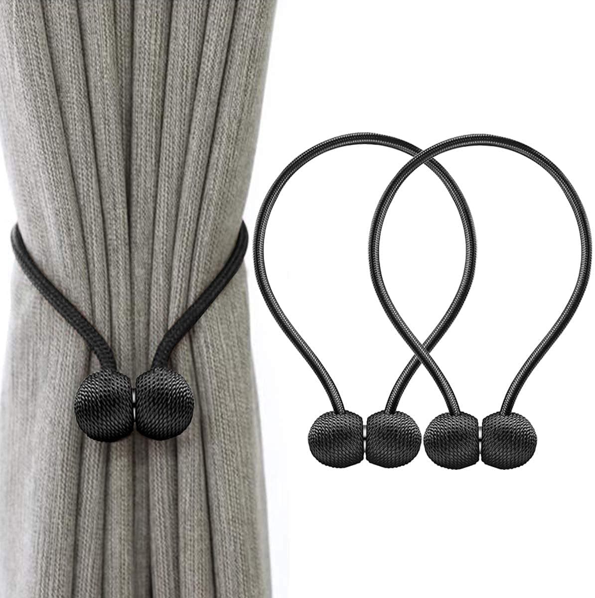 Home Cloud Magnetic Curtain Tiebacks Curtain Drape Holdbacks Clips Rope Holder Buckles for Home Bedroom Office (1 Pair 2pcs, Black)