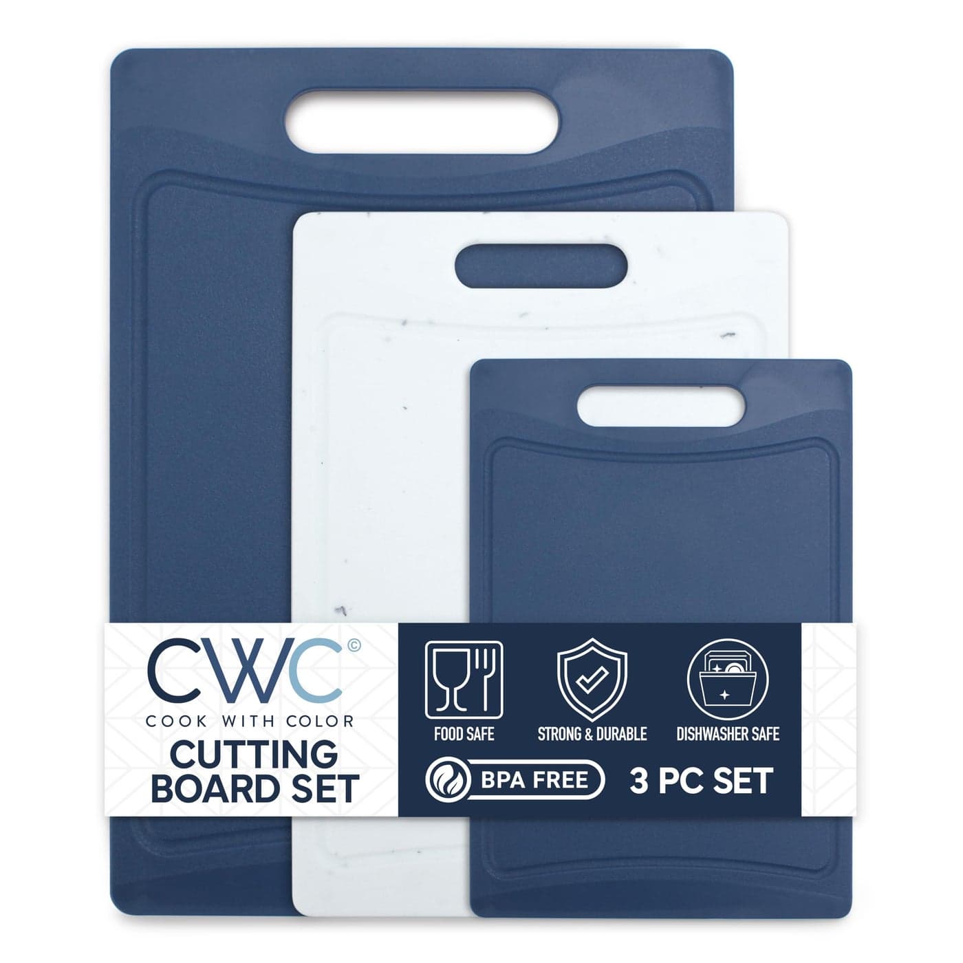 COOK WITH COLOR NonSlip Cutting Board Set Kitchen Essentials with Easy Grip Handle for Meat Veggies and Fruits 3 Cutting Boards Blue and White Marble