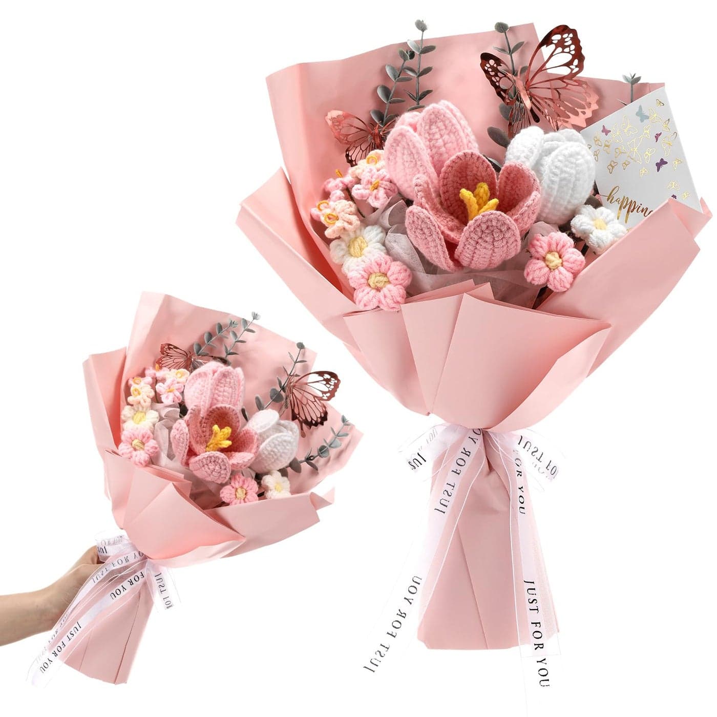 Fanfanwin Thanksgiving Crochet Flowers Gifts Tulips Bouquet Handmade Knitted Flowers with Butterfly Card for Christmas Women Wife Lover Teacher BirthdayPink