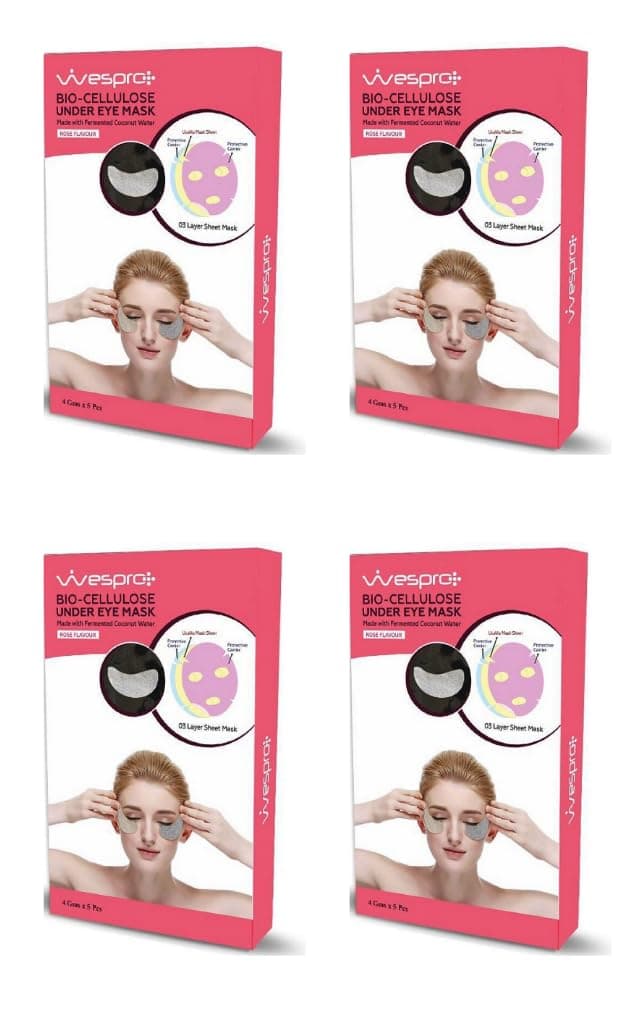 Wespro Bio Cellulose Under Eye Mask with HYALURONIC ACID Made with fermented coconut water Pack of 20 Eye Masks