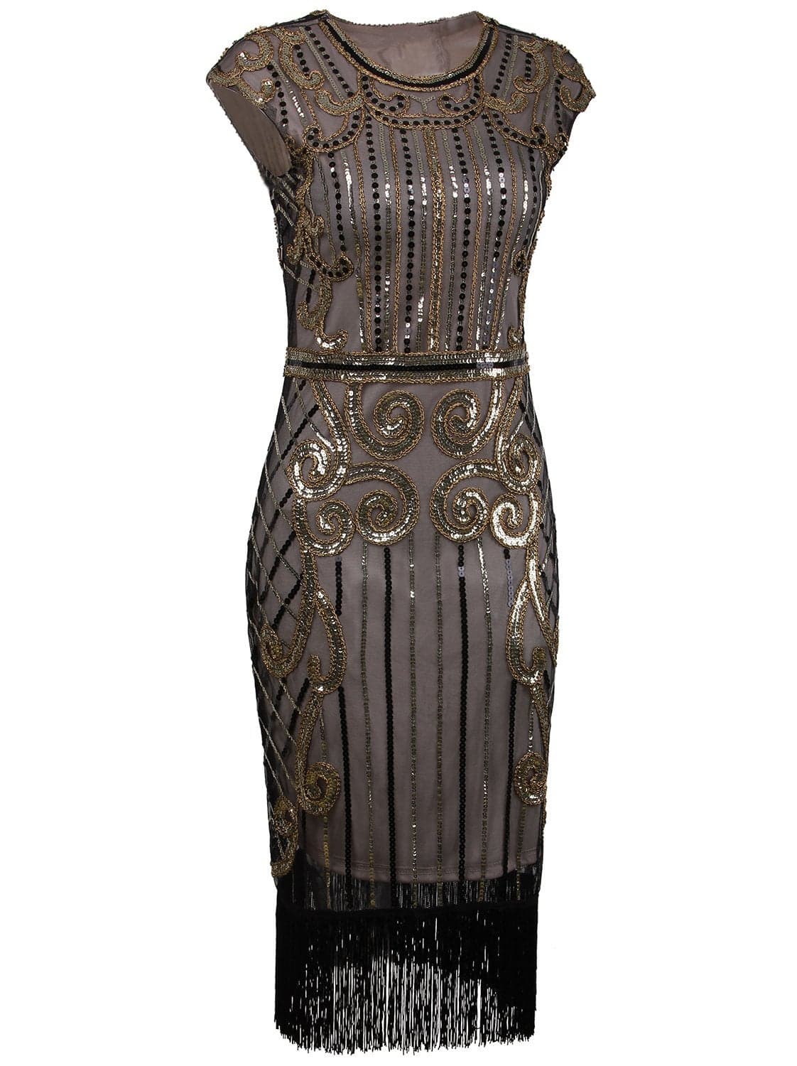 Vijiv 1920s Vintage Inspired Sequin Embellished Fringe Long Gatsby Flapper Dress,Champagne gold,X-Small