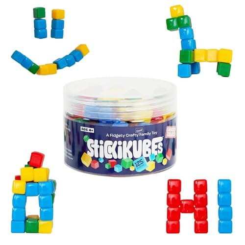 KOMARC GAMES StickiKubes, Mini Stacking Cubes That Stick to Anything, Non Toxic Kid Safe Sticky Blocks, Creative Construction Toy - 125 Cubes, 4 Colors, Tub