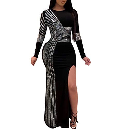 Ranfare Women's Nightclub Dress Party Dresses Bodycon Rhinestone Gown Evening Dress with Slit (888,Black, L)