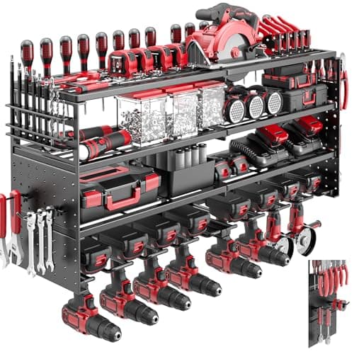 ODSNANIE 4 Tier Power Tool Organizer Wall Mount, 8 Cordless Drill Holders, 320LBS Heavy Duty Power Tool Storage Rack, Holds 50+ Tools with Side Pegboards for Garage Workshop Warehouse Organization