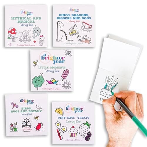 A Brighter Year The Original Adult Mini Coloring Book - 5-Piece Variety Pack - 3” x 3” Pocket Size, 50 Pages, Lay Flat Binding, Thick Paper - No Bleeding - Stress & Anxiety Relief - Relaxation, Gift