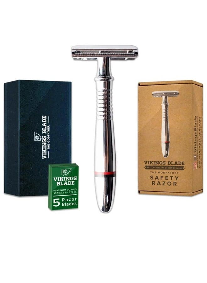 VIKINGS BLADE Double Edge Safety Razor for Men + 5 Swedish Steel Blades + Luxury Case. Classic 3-Piece. Reusable, Eco-Friendly (The Godfather)