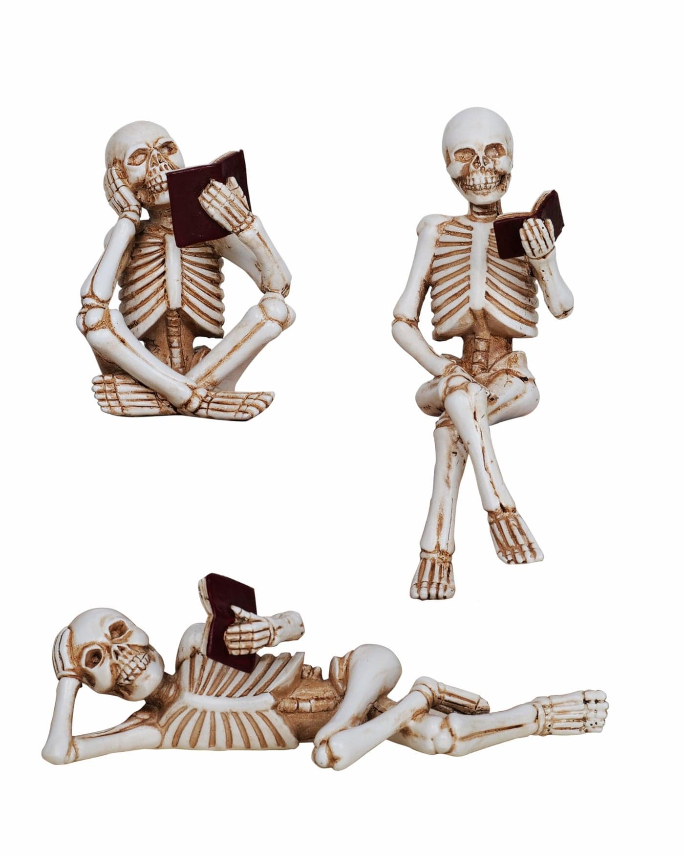 Dlfghos 3 Pieces Halloween Skeleton Statue Halloween Skull Figurine Home Decor Reading Skeleton Figurines Decorations for Indoor Fireplace Home Kitchen Desk Office Party