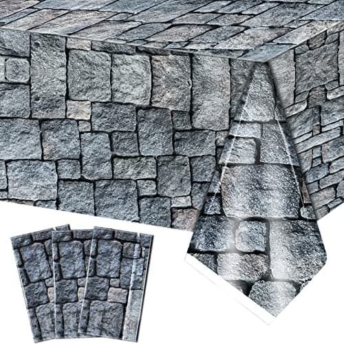 Cobblestone Tablecloth Stone Printed Table Cover Medieval Table Decoration Plastic Tablecloth Stone Brick Tablecovers for Medieval Castle Knight Themed Party 43 x 72 FeetMedieval Style 5 Pcs