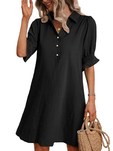 FENSACE Black Dresses for Women 2025 Spring Casual Summer Work Dress Shift Business Shirt Dress