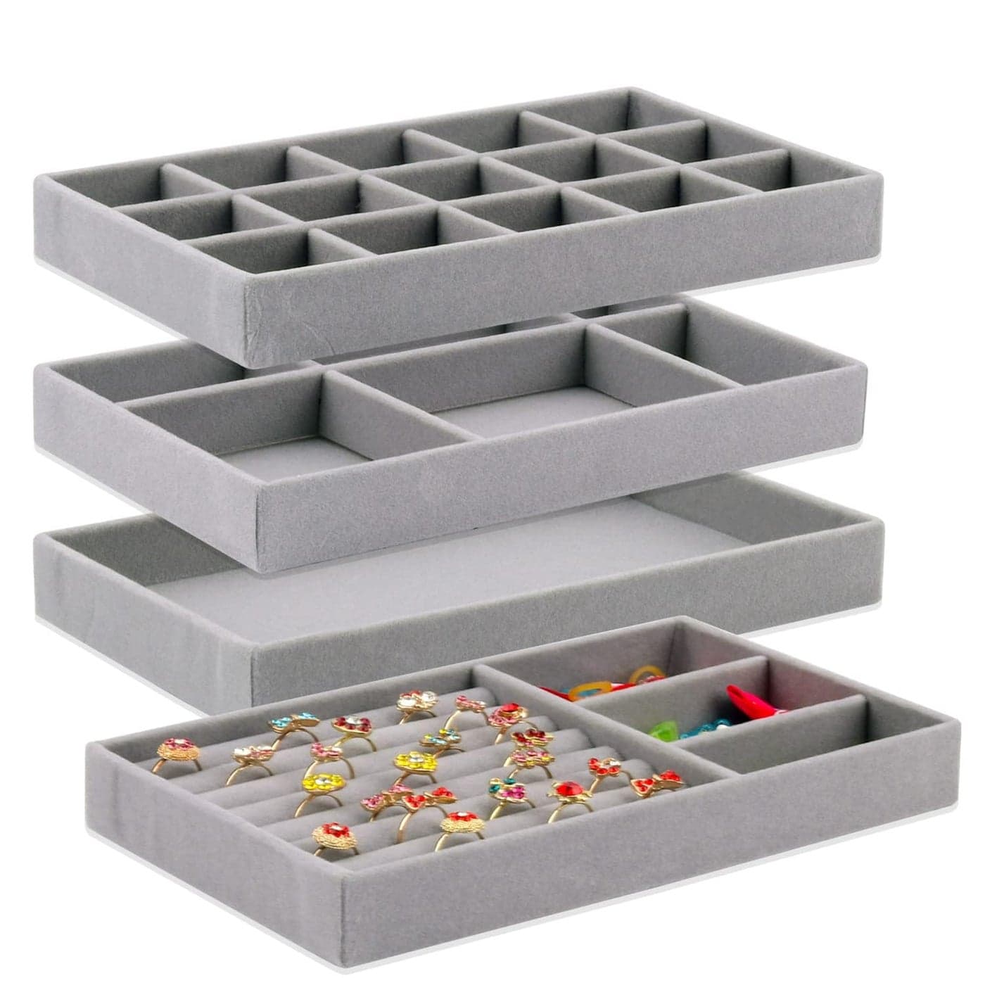 VINSU Velvet Jewelry Trays Organizer For Drawers4 Pack Stackable Jewelry Display Trays For DrawerJewelry Storage Organizers Earring Necklace Bracelet Ring Holder OrganizerDisplay Tray Grey