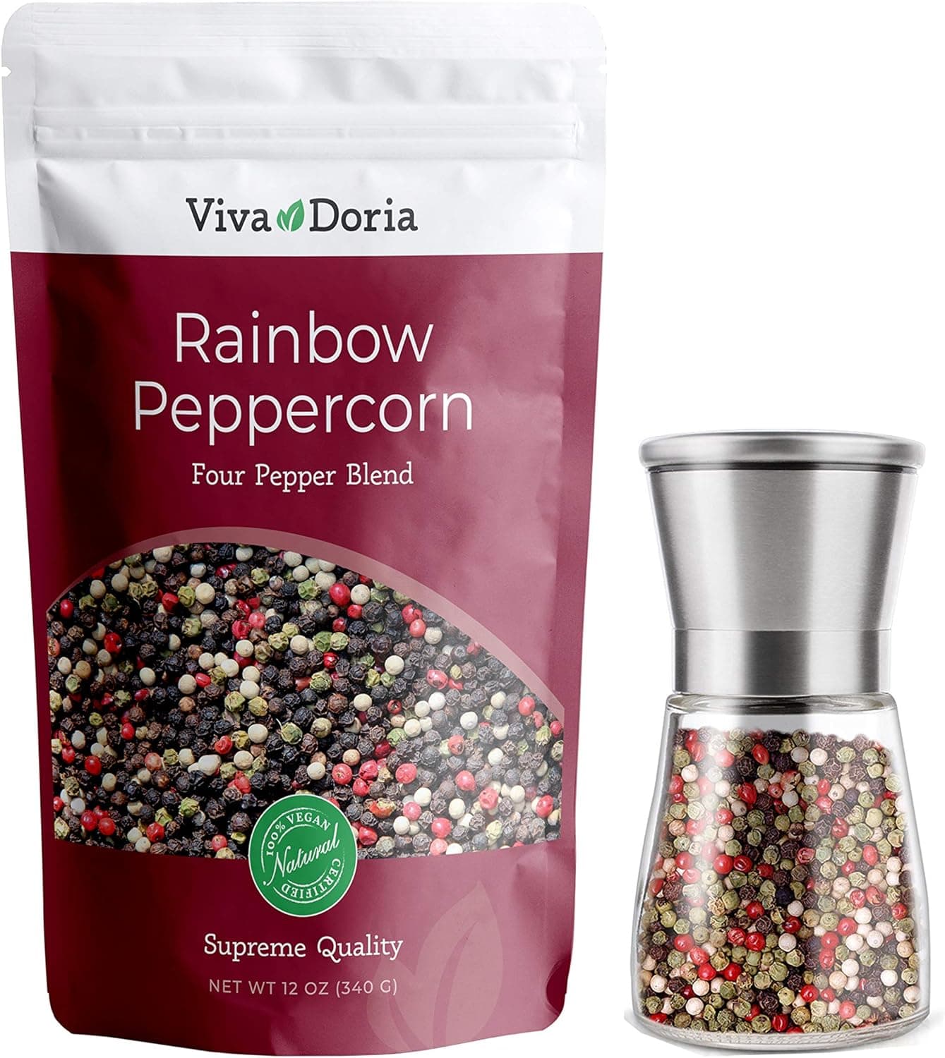 Viva Doria Rainbow Blend Peppercorn - Whole Black, Green, Pink and White Pepper 12 oz with Premium Stainless Steel Grinder