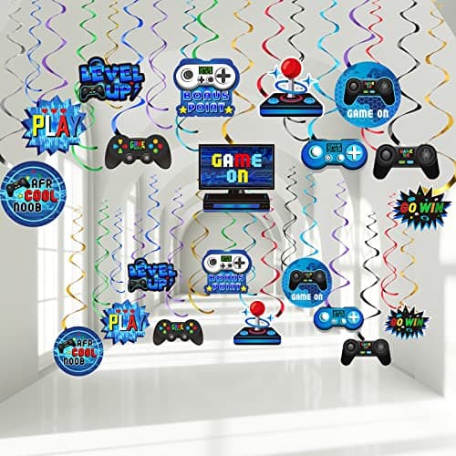 Sumind 51 Pieces Video Game Hanging Swirl Decorations Supplies Gamer Birthday Decorations Game Party Theme Decor Foil Ceiling Streamers for Gamer Birthday Party SuppliesBlue