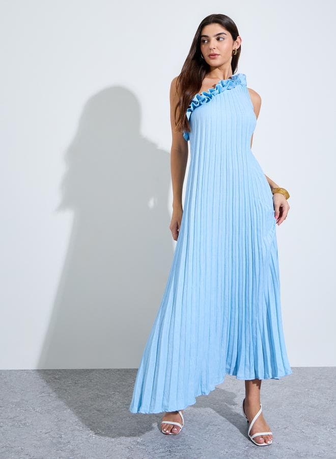 Blue One-Shoulder Pleated Maxi Dress