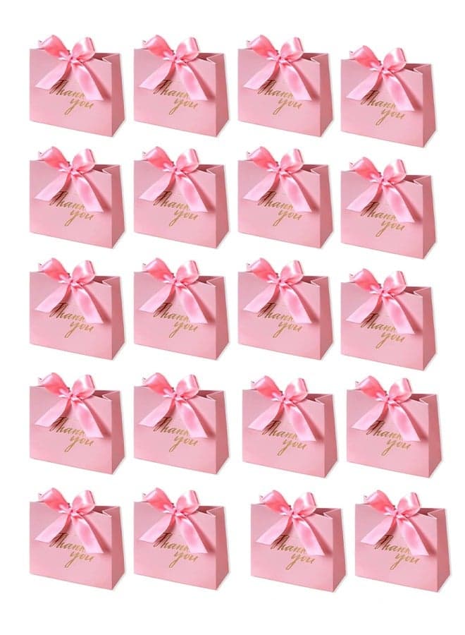 20 Pack 'Thank You' Gift Bags Pink, Small Thank You Gift Bag Party Favor Bags Treat Boxes with Rose Red Bow Ribbon, Pink Pattern Paper Gift Bags Bulk for Wedding Baby Shower Business Party Supplies