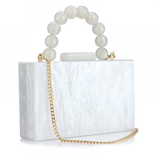 Acrylic Purses Evening Clutch Bag Marbling Handbags for Women Cross Body Bag with Pearl Chain Formal Wedding Prom Party (White) One Size