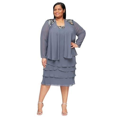 S.L. Fashions Women's Plus Mother of The Bride Jacket Dress with Sequined Cut Out Shoulder, Steel, 16
