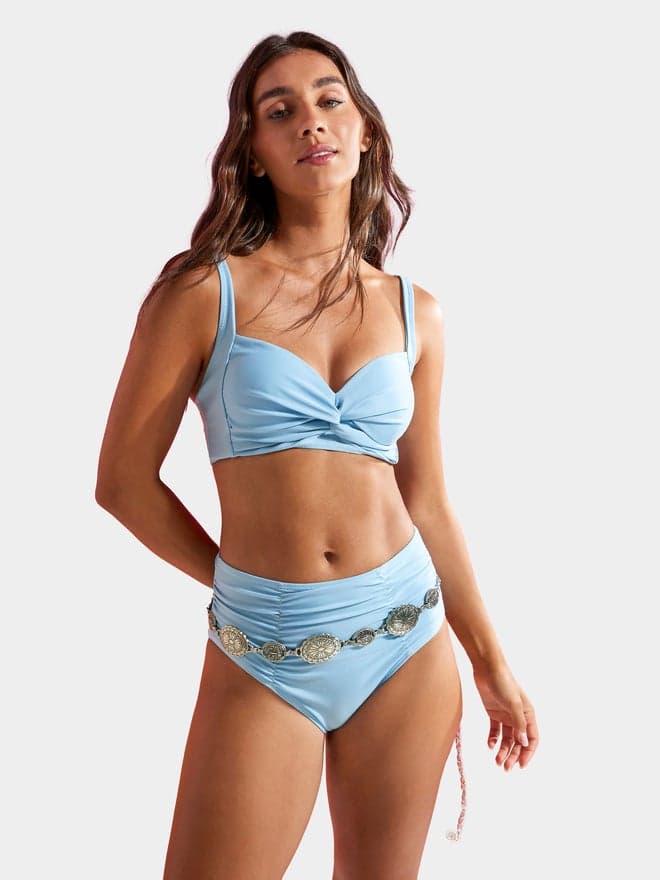 Light Blue Padded Balconette Bikini Top with Tie Knot Detail and Brief Set