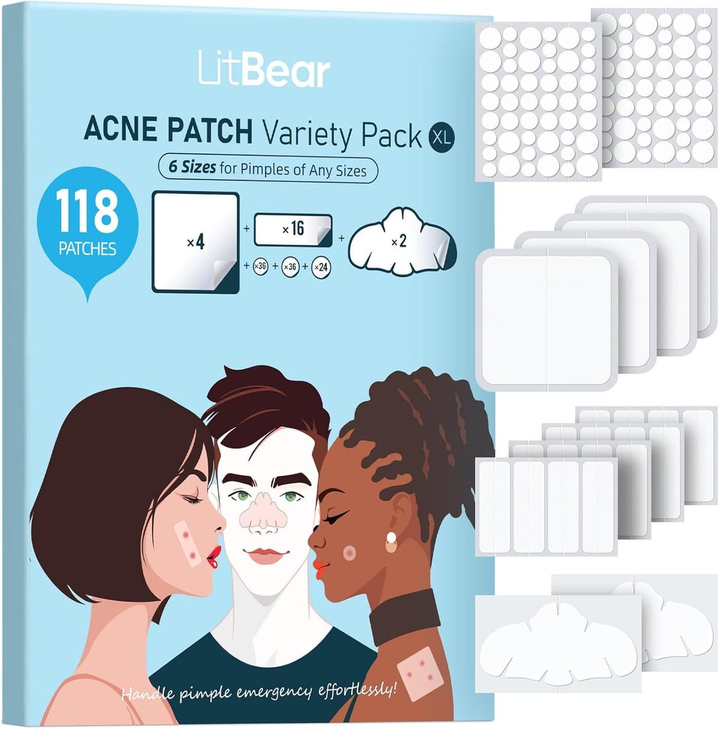 LitBear Large Pimple Patches for Face 6 Sizes 118 Patches Big Hydrocolloid Acne Patches XL Hydrocolloid Bandages for Body Cheek Forehead Chin Full Face Back Nose
