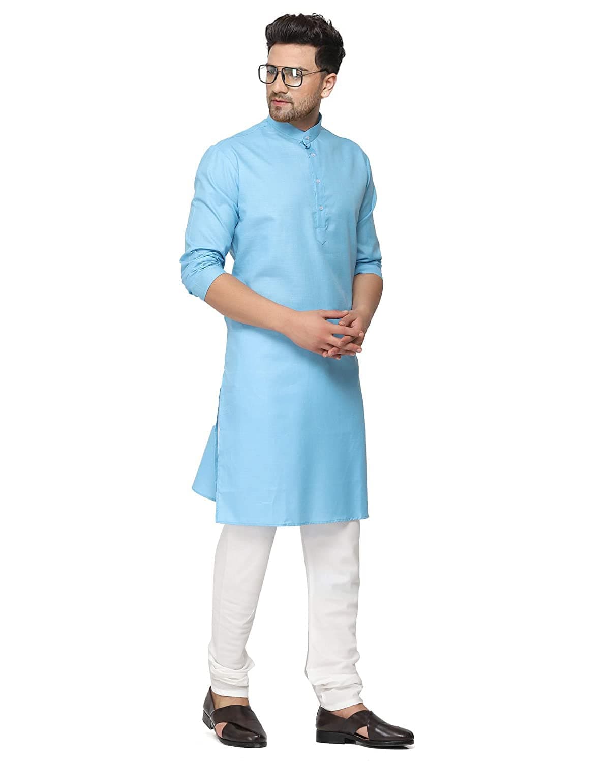 Gauri Laxmi Enterprise WELTPOCKET ¢ Men's Cotton Knee-Long Full Sleeve Solid Straight Kurta Pyjama Set (Medium, Sky)