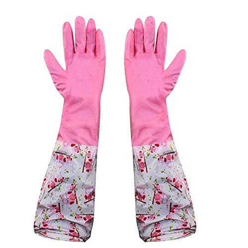 Parssufy Reusable Rubber Latex Pvc Flock Lined Long Elbow Hand Gloves Safety Kitchen For Dish-Washing, Cleaning, Gardening, Laundry And Sanitation And Lab Work (Large Free Size) Pack of 1 Pair (Pink)