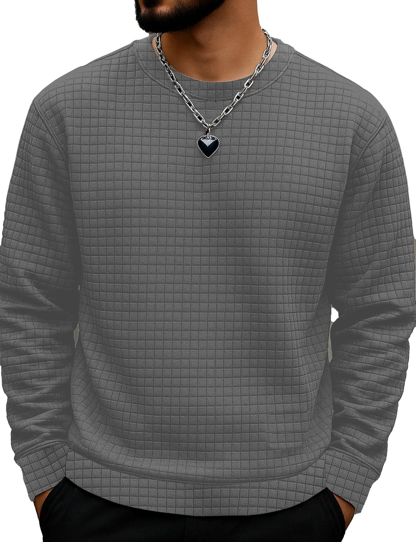 KAJARU Quilted Pattern Long Sleeve Sweatshirt, Round Neck, Men's Casual Pullover, Grey, Black, Beige (in, Alpha, M, Grey)