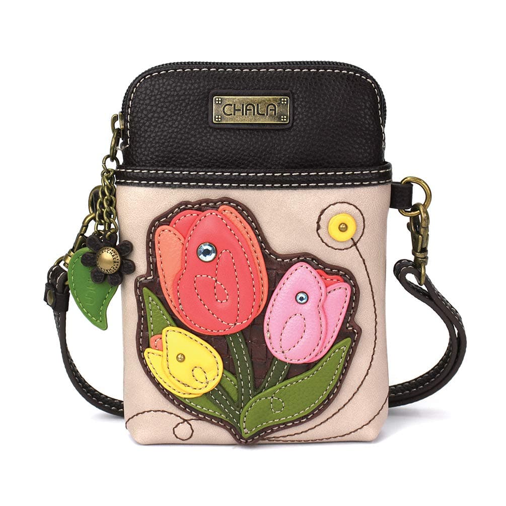CHALA Cell Phone Crossbody PurseWomen PU LeatherCanvas Multicolor Handbag with Adjustable Strap Tulip ivory