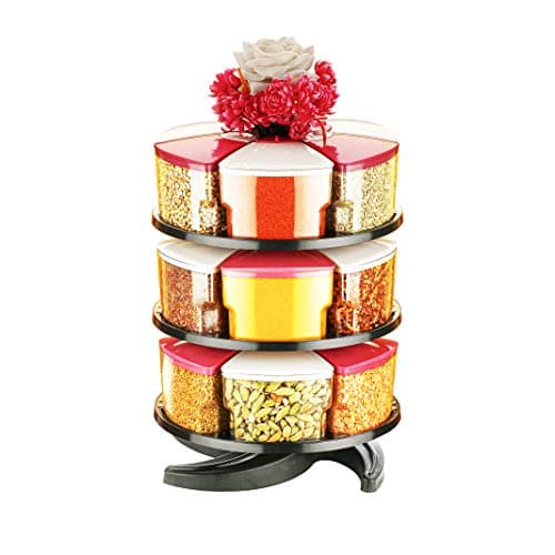 PRAMUKH FASHION 360 Degree Revolving Round Shape Transparent Pack of Jar Spice Rack/Container (3 Layer Spice Rack, White N Pink)
