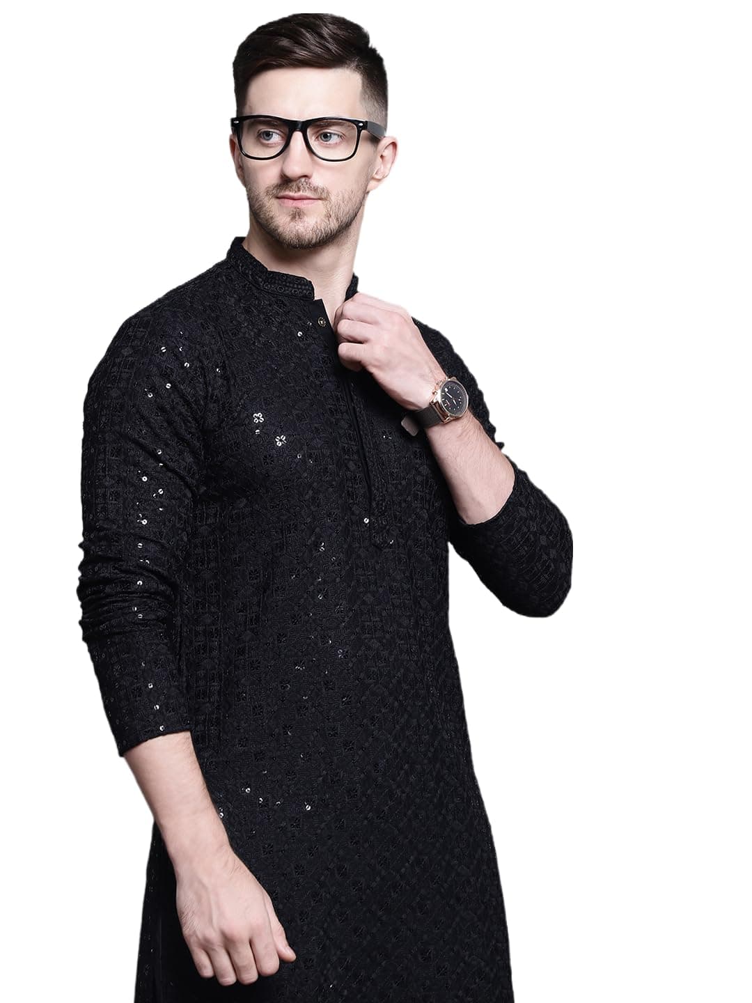 Jompers Men's Sequin Embroidered Pure Cotton Kurtas (Black, S)