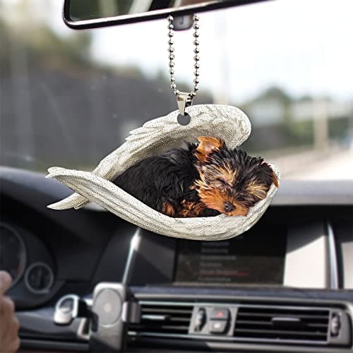 Talataca Yorkshire Terrier Yorkie Sleeping Angel Wing Pet Dog Farmhouse 2D Flat Car Rear View Mirror Accessories Christmas Tree Ornament Decoration Hanging Charm Interior Rearview Pendant Decor Gift