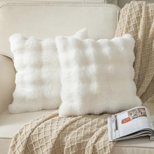 Yaertun Pack of 2 Cream White Thick Soft Wool Decorative Throw Pillow Covers 16x16 Inch Faux Fur Plush Fluffy Cushion Covers for Sofa Couch Bedroom