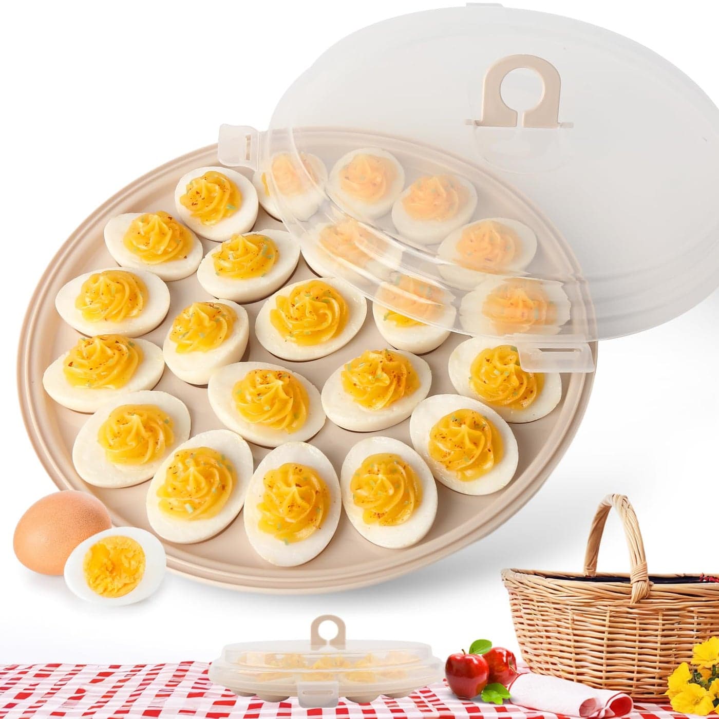 HAKSEN Deviled Egg Containers with Lid Portable Deviled Egg Platter Carrier Holder Trays with 22 Slots for Holiday Party and Home Kitchen Brown
