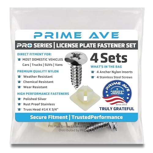 PRIME AVE License Plate Screws with Nylon Inserts Stainless Steel Rust Proof License Plate Screws for Securing License Plates Frames Covers 4755299 3907444 A11719 Set of 4