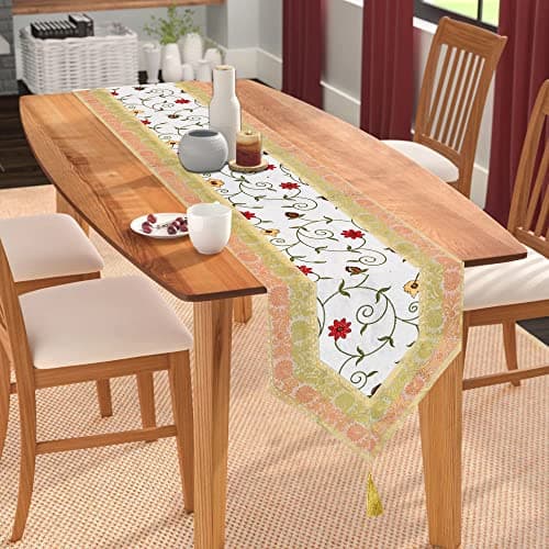 E-EZRA Hand Embroidery Jacquard Silk 72 Inch Long Dinning Table Runner for Home & Decor 72 by 14 Inch (White)