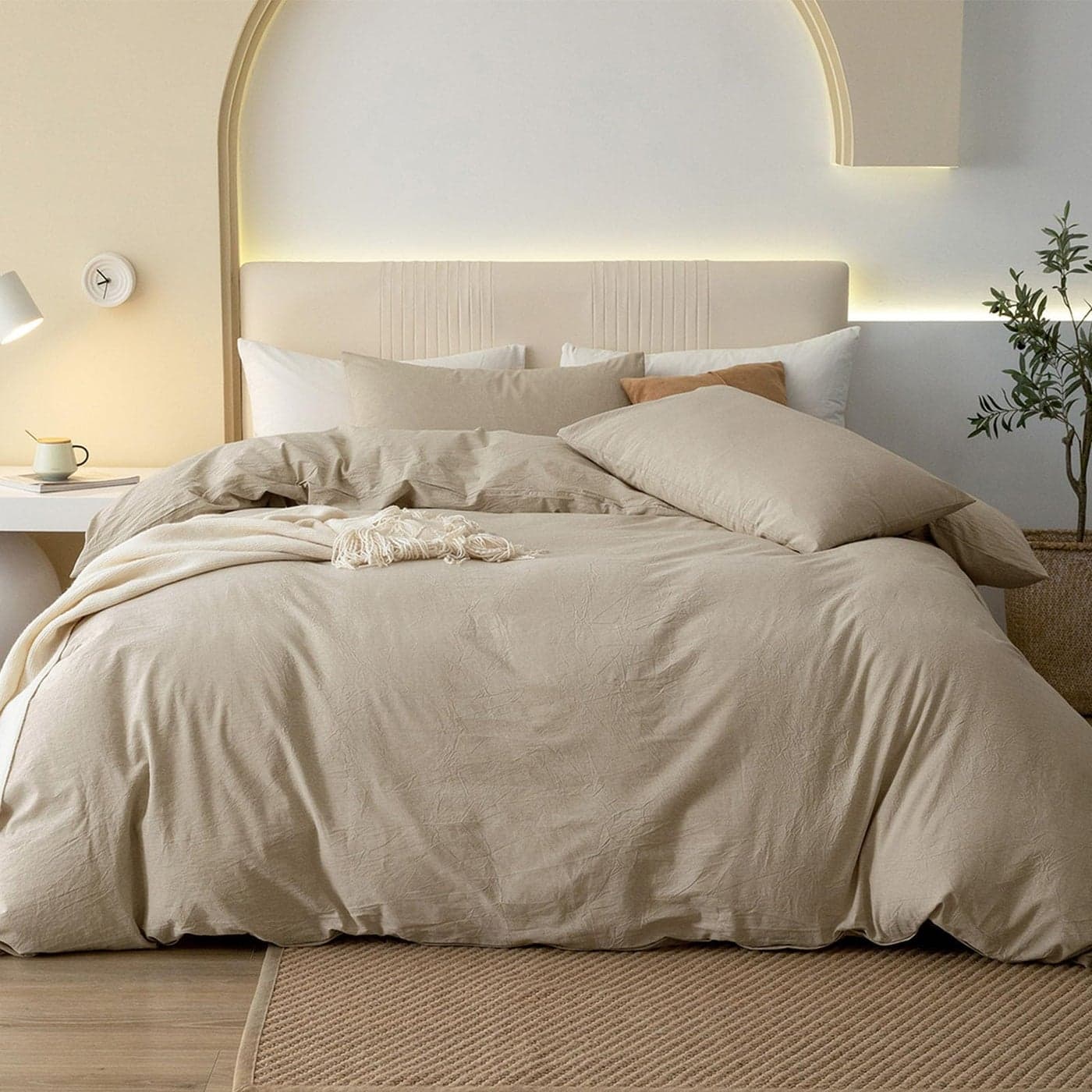 JIYUAN 100 Washed Cotton Duvet Cover Set 3 Pieces Queen 1 Duvet Cover 90x90 InchesComforter Not Included and 2 PillowcasesLinen Feel Bedding Set Comfy and Breathable Heathered Tan