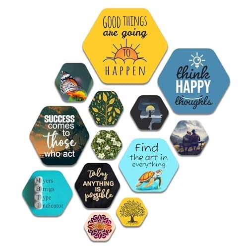 Artvibes Think Happy Thoughts Hexagon Shape MDF Wooden Wall Decor Items | Quotes Decor Item | Wall Poster | Office Decor | Wall Art Print | Inspirational quotes | Gift Items (WPS_230N), Set of 13