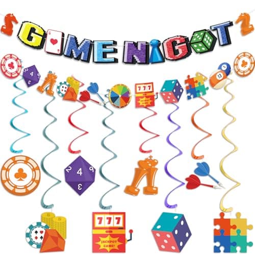 Game Night Party Decorations Family Game Night Banner Games on Birthday Party Banner Hanging Swirls Ceiling Streamers for Kids Adult Video Chess Card Games Party Supplies Decor