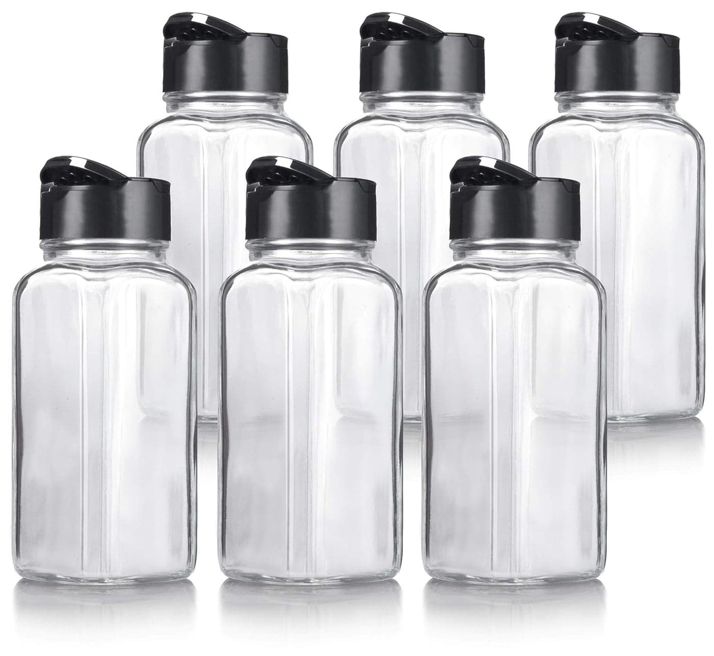 JUVITUS 4 oz 120 ml Clear Glass Square Spice Jar with Black Sifter 6 pack Two Sided Sifter Cap shaker holespour open and Freshness Seal
