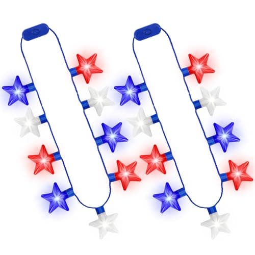4th of July Accessories 2Pcs Independence Day LED Holiday Light Up Stars Necklace Red Blue White Flashing Necklace for 4th of July Parades Patriotic Celebration Themed Firework Party Memorial Day