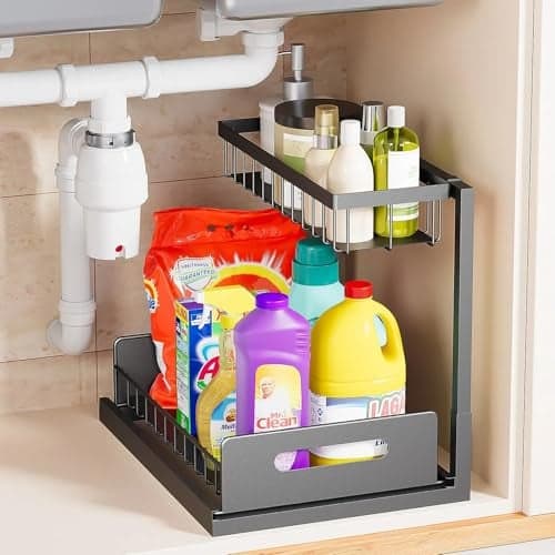 VUSIGN Under Kitchen Sink Organizer 2 Tier Pull Out Under Sink Organizers and Storage Bathroom Cabinet Kitchen Organization Storage Shelf 1 Pack Black