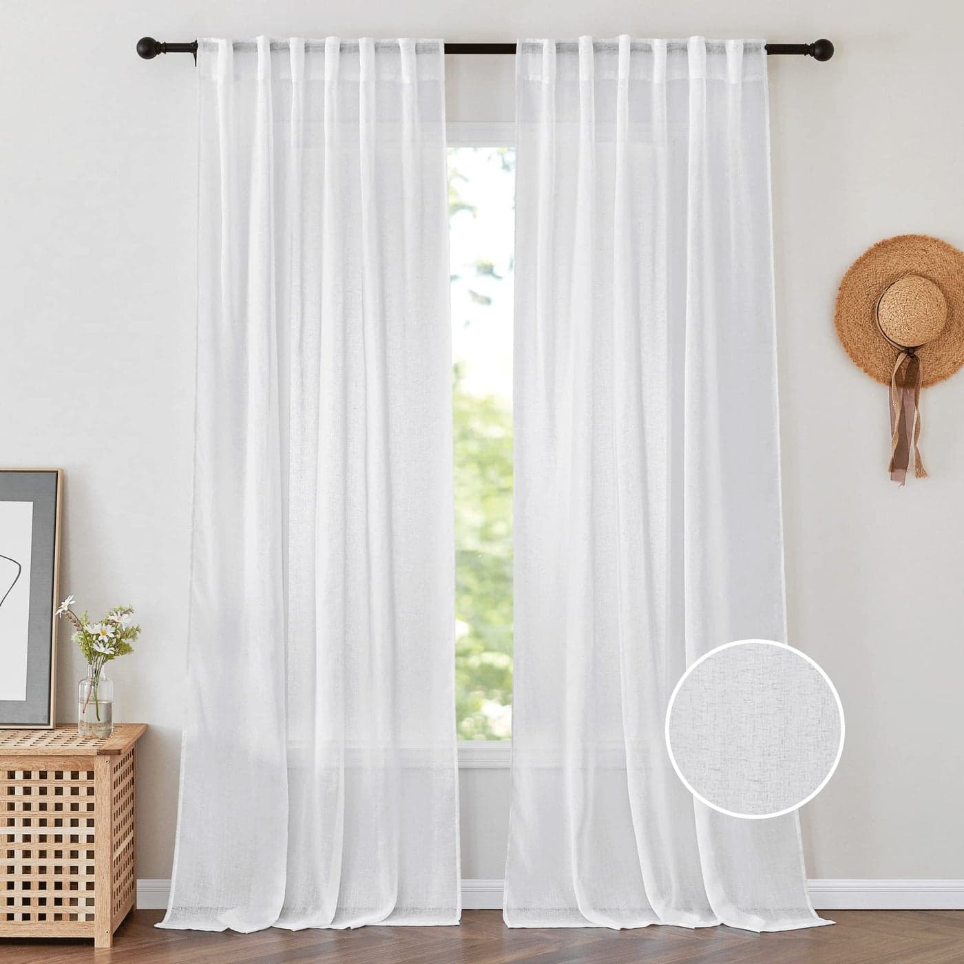 PONY DANCE White Semi Sheer Curtains 84 inches Long 2 Panels Linen Texture Airy Privacy Sheer Drapes for BedroomLight Filtering Flax Window Treatments Curtain for Living Room W 52 x L 84