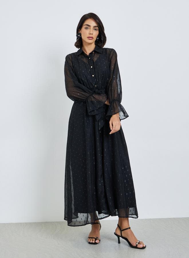 Black Self-Design Shirt Maxi Dress with Tie-Belt