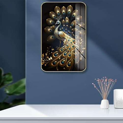 Masstone Peacock Golden effect High Gloss Surface Golden Slim Frame, 45x30 cm – Wall Art for Living Room, Bedroom, and Office Décor