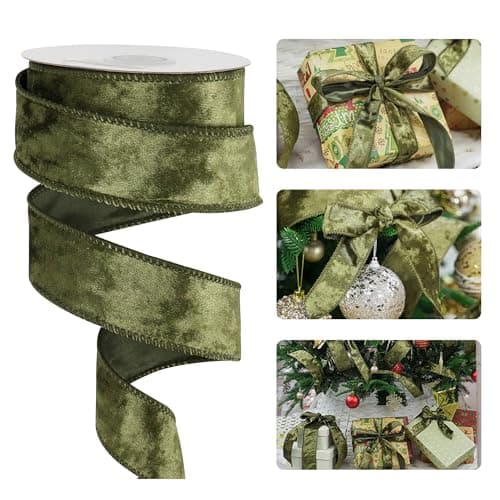 HUIHUANG Velvet Wired Ribbon 112 inch Olive Green Velvet Ribbon for Gift Wrapping Christmas Tree Bows Wreaths Garland Wedding Decor Home Decor CraftsContinuous 10 YardsRoll
