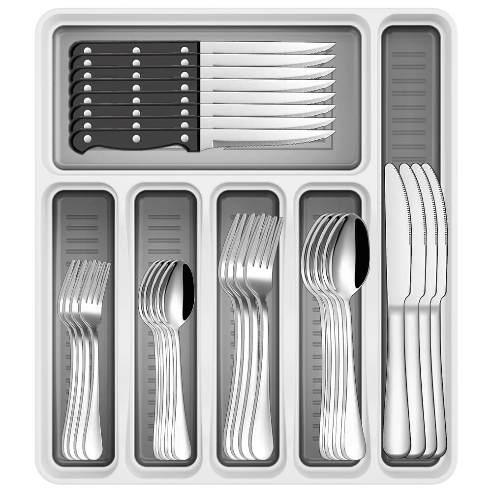 49Piece Stainless Steel Silverware Set with Cutlery Organizer Service for 8 with Steak Knives and Kitchen Utensils
