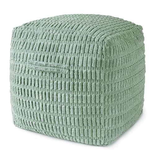 AELS Unstuffed Farmhouse Pouf Cover for Living Room Boho Storage Bean Bag Cubes Sage Green Soft Corduroy Plush Sripe Square Ottoman Pouf Foot Rest Footstool 18x18x18 Cover ONLY